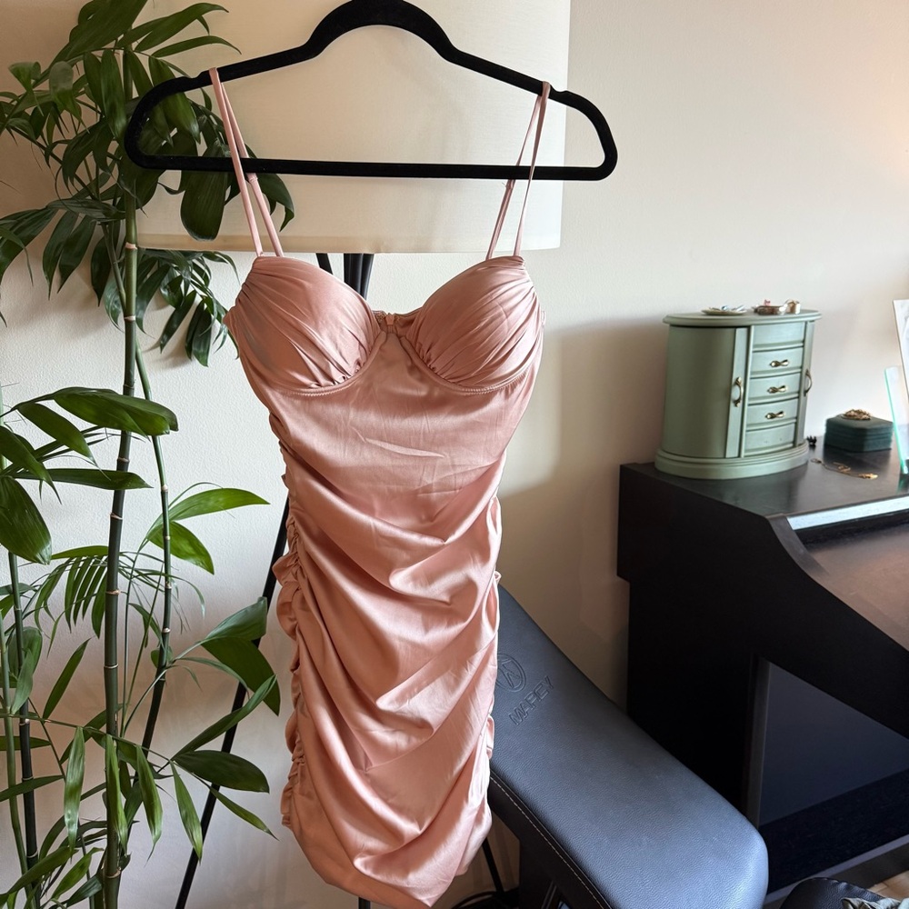 Light Pink Satin Ruched Mini Dress